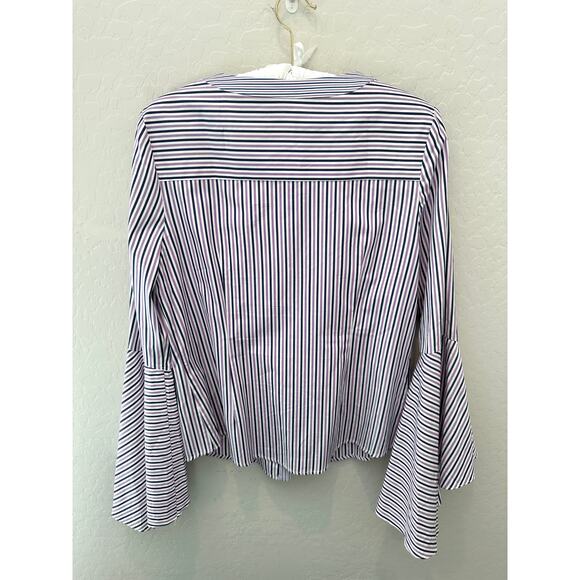 MILLY | Striped Bell Sleeve Blouse Purple Navy Cotton Top | Size 8 - Picture 5 of 8